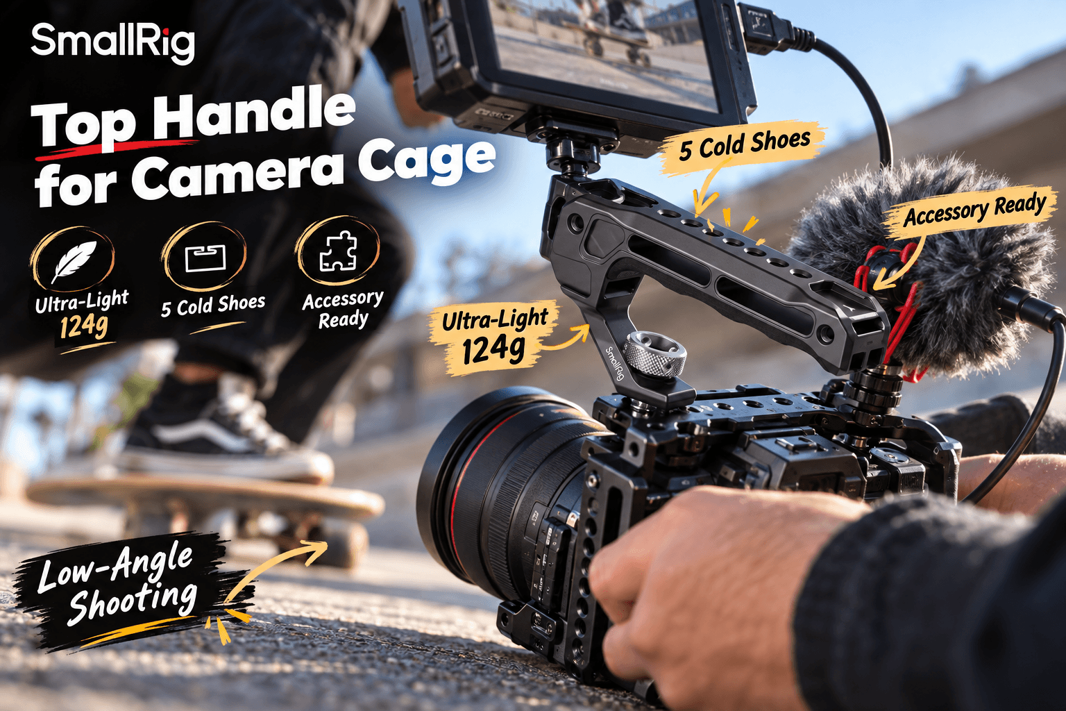 SmallRig top handle mounted on a camera cage during a low-angle action shoot, with a monitor and microphone attached. Callouts highlight the 124 g lightweight design, five cold shoes, and accessory-ready mounting options.