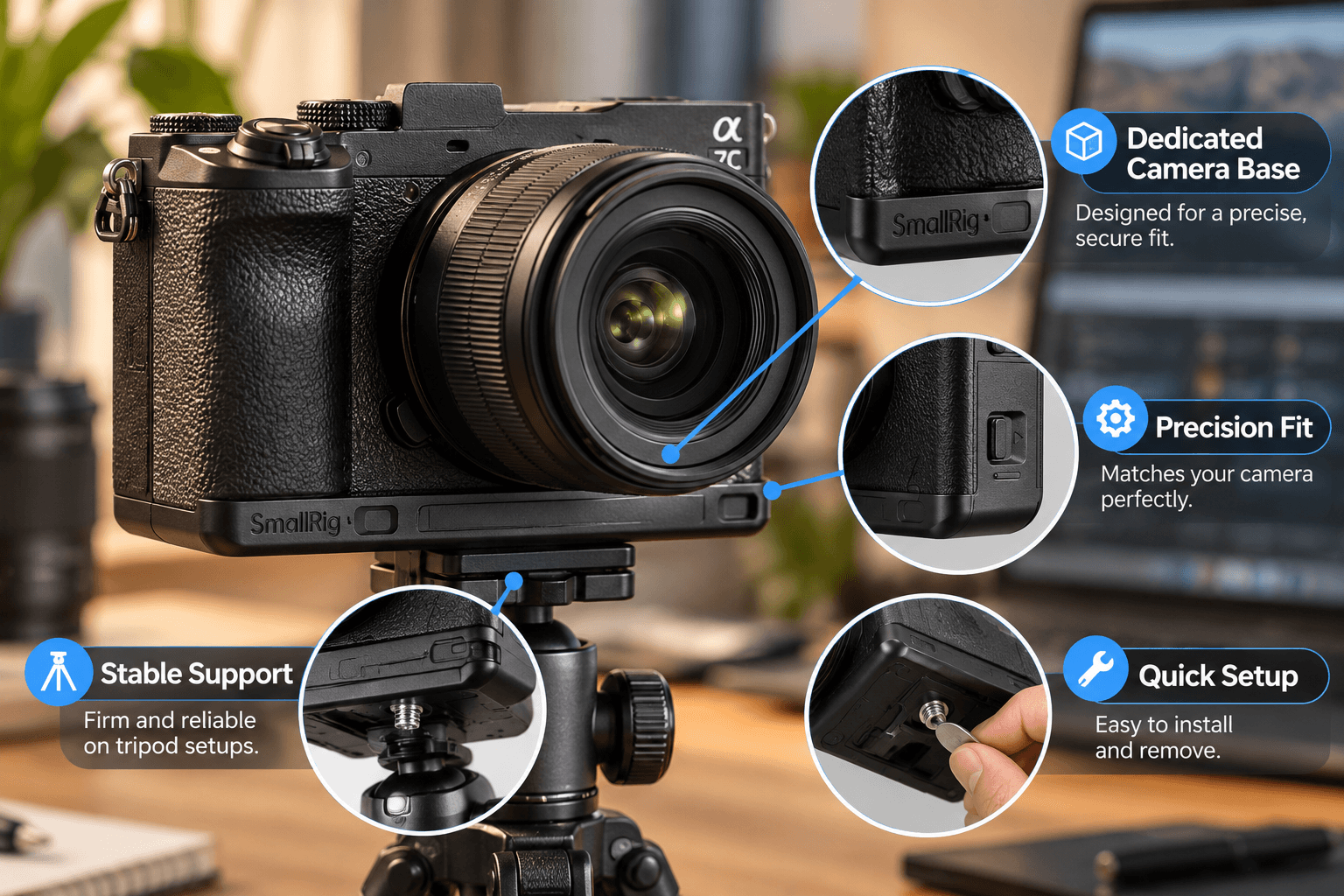 Mirrorless camera mounted on a SmallRig dedicated black camera base in a creator workspace, with close-up callouts highlighting precision fit, stable tripod support, secure camera mounting, and quick installation.