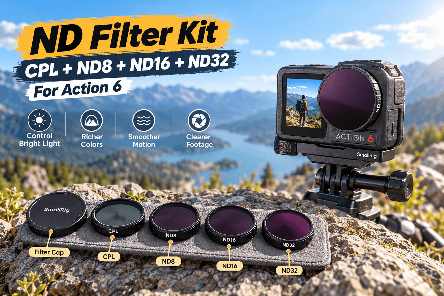 SmallRig ND filter kit for Action 6 displayed outdoors beside an action camera, including a filter cap, CPL, ND8, ND16, and ND32 filters. Callouts highlight bright-light control, richer colors, smoother motion, and clearer footage.