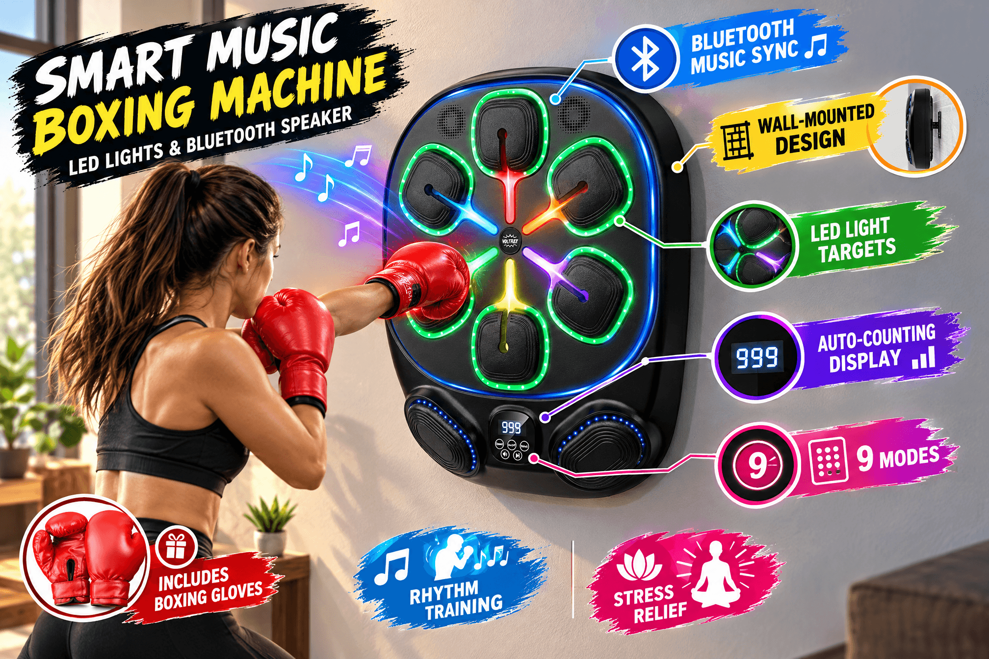 Promotional 3:2 image of the Smart Music Boxing Machine with LED lights and Bluetooth speaker, shown in a realistic home boxing workout scenario. The sleek black wall-mounted unit with glowing neon LED rings is in active use, accompanied by concise English text annotations and cartoon graphic markers highlighting Bluetooth music sync, LED light targets, auto-counting display, 9 modes, and included boxing gloves.