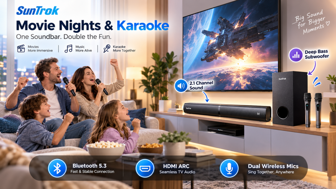 SunTrok karaoke soundbar system in a bright modern living room, with a family enjoying movie night and karaoke. The setup includes a black soundbar, subwoofer, and dual wireless microphones beside a TV, with callouts for Bluetooth 5.3, HDMI ARC, 2.1-channel sound, and deep bass.