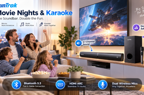 SunTrok karaoke soundbar system in a bright modern living room, with a family enjoying movie night and karaoke. The setup includes a black soundbar, subwoofer, and dual wireless microphones beside a TV, with callouts for Bluetooth 5.3, HDMI ARC, 2.1-channel sound, and deep bass.