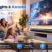 SunTrok karaoke soundbar system in a bright modern living room, with a family enjoying movie night and karaoke. The setup includes a black soundbar, subwoofer, and dual wireless microphones beside a TV, with callouts for Bluetooth 5.3, HDMI ARC, 2.1-channel sound, and deep bass.
