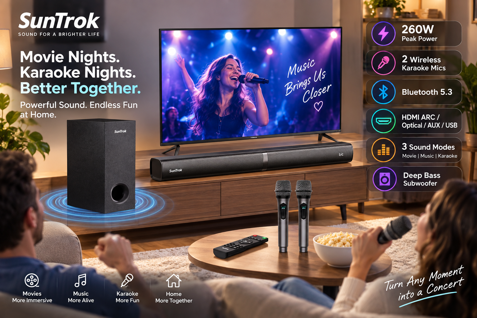 SunTrok 260W karaoke soundbar and subwoofer system displayed in a cozy living room with a TV, two wireless microphones, and remote control. Feature graphics highlight 260W peak power, Bluetooth 5.3, HDMI ARC, Optical, AUX, USB, three sound modes, and deep bass.