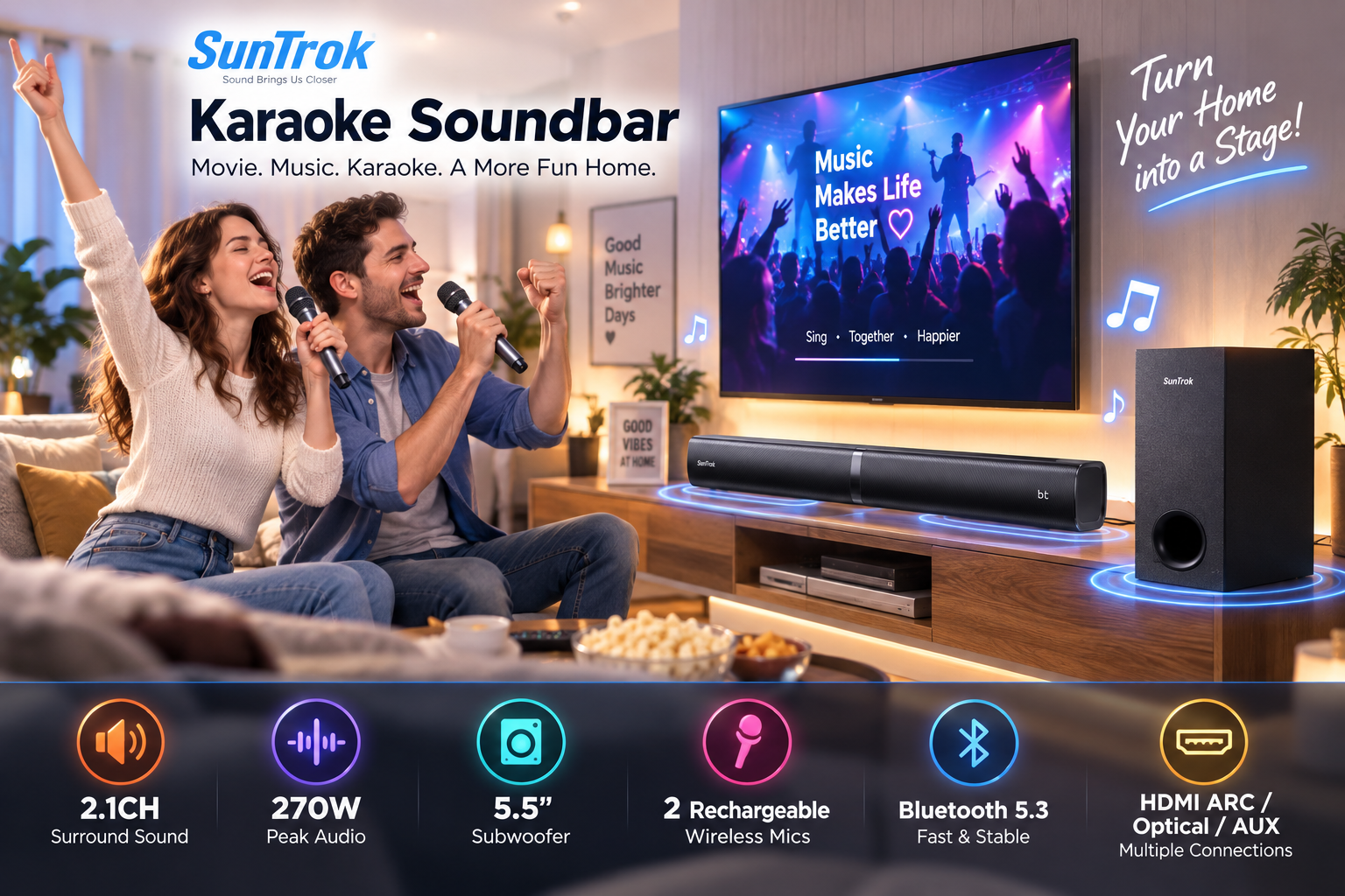 SunTrok karaoke soundbar system in a stylish home entertainment room as a couple sings together. The black soundbar, 5.5-inch subwoofer, and two rechargeable wireless microphones are shown with feature callouts for 2.1-channel surround sound, 270W peak audio, Bluetooth 5.3, and HDMI ARC.