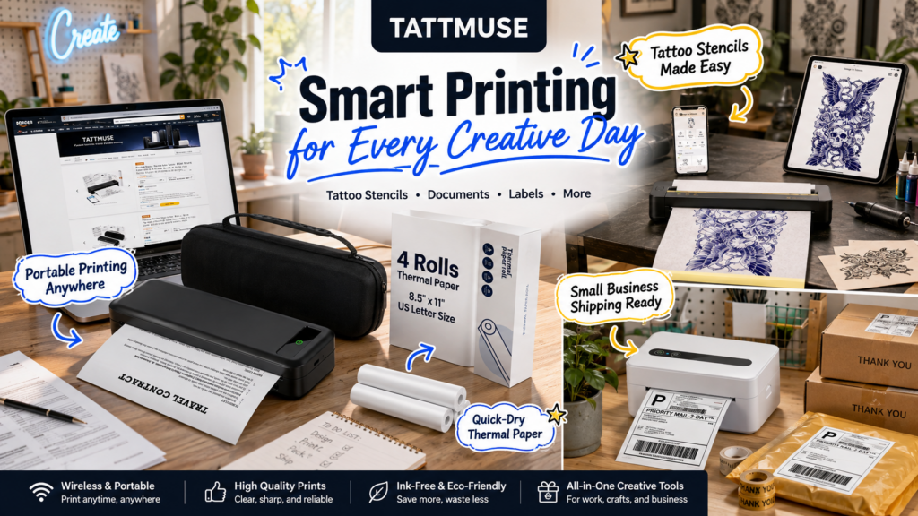 TATTMUSE smart printing collection featuring a portable document printer, thermal paper, tattoo stencil printer, and 4x6 shipping label printer in creative office, tattoo studio, and small-business packing scenes.