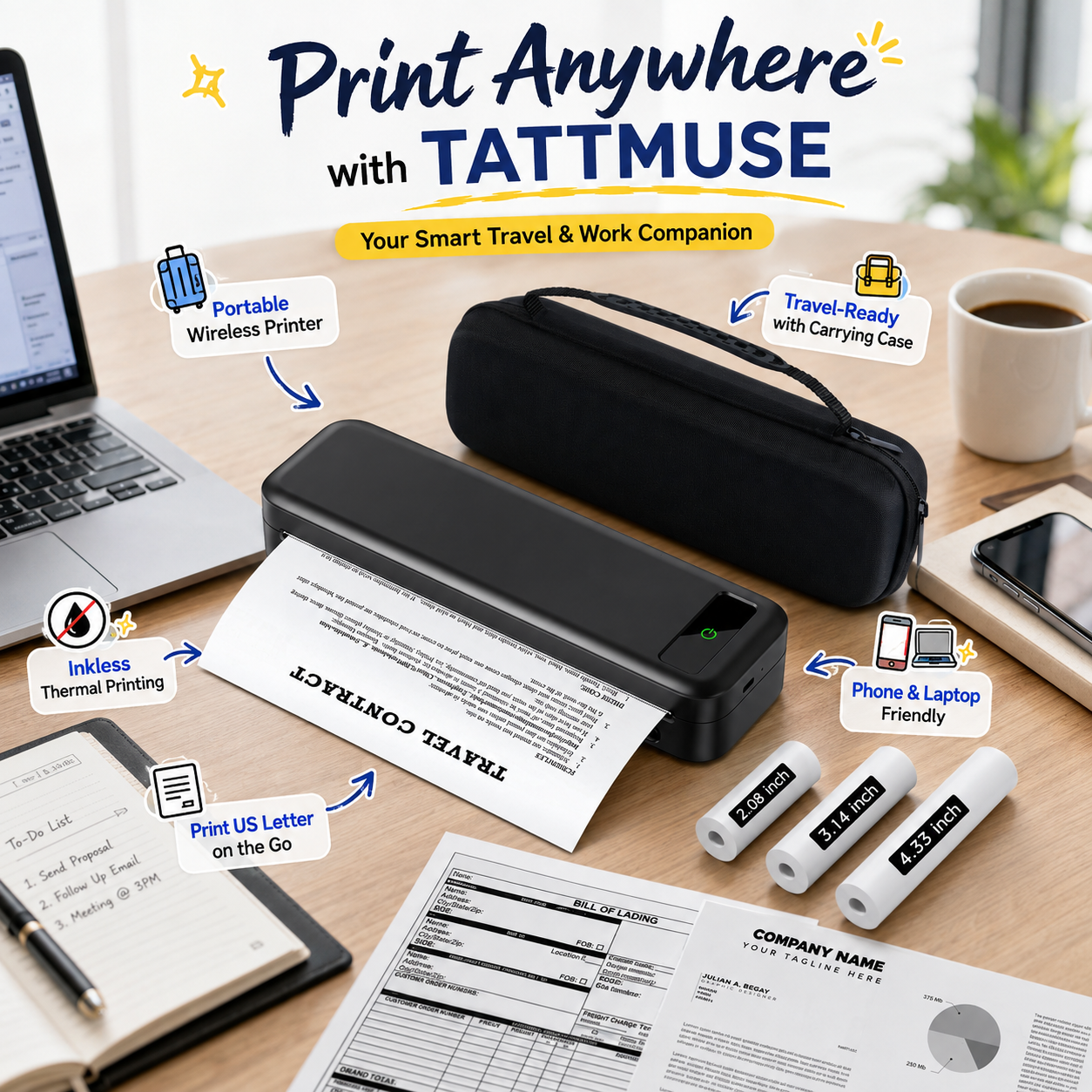 TATTMUSE portable wireless thermal printer printing a US Letter document on a modern desk, shown with a travel carrying case, laptop, phone, thermal paper rolls, coffee, and work documents.