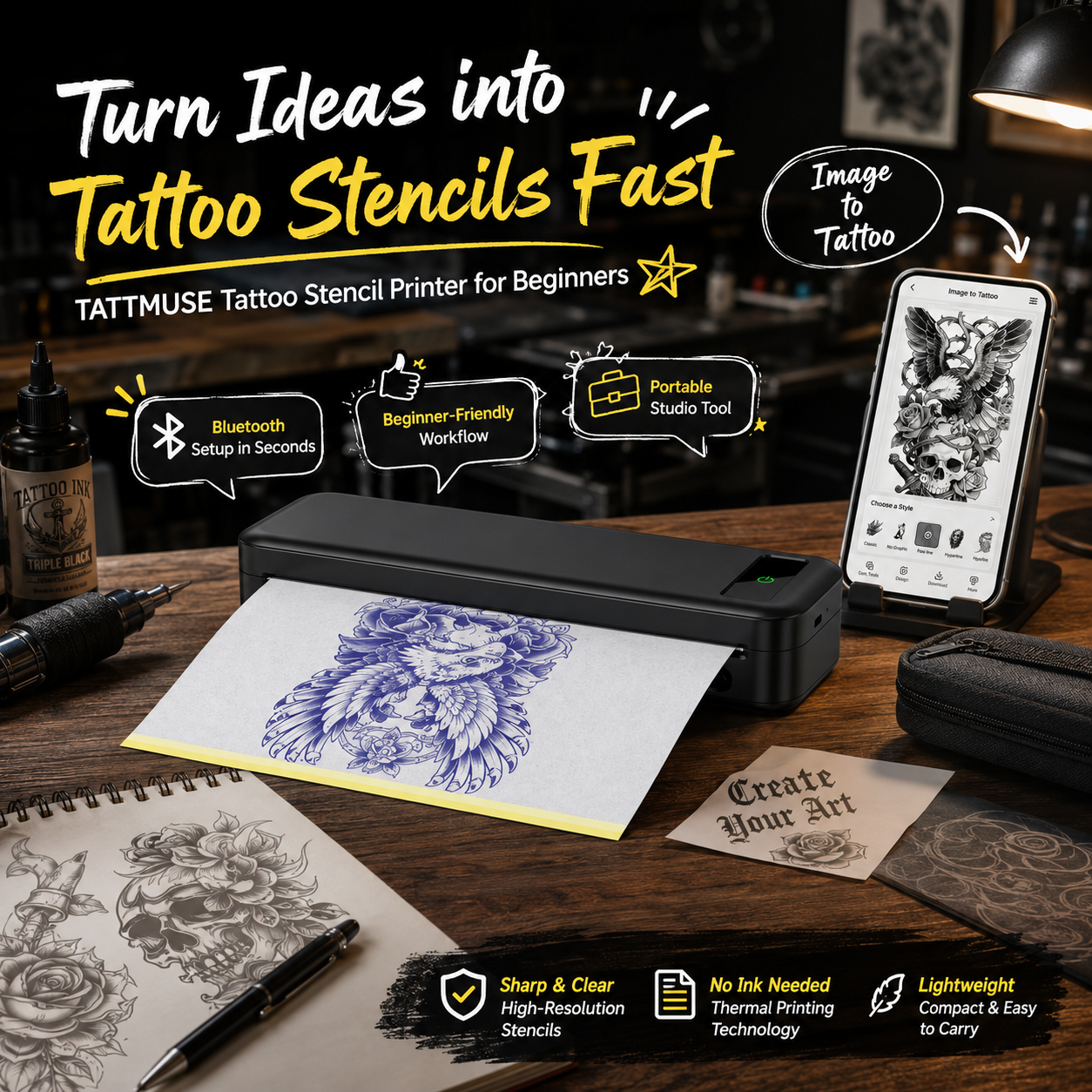 TATTMUSE Bluetooth tattoo stencil printer producing detailed tattoo artwork in a professional studio, with a smartphone showing an Image to Tattoo interface, sketchbook, tattoo tools, and ink.