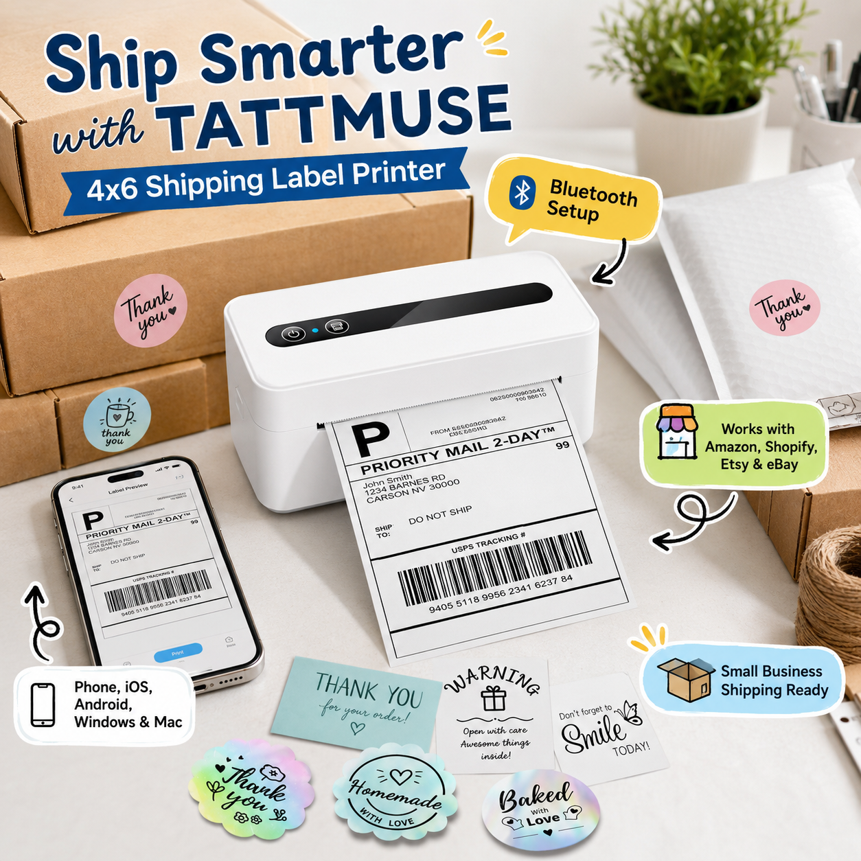 TATTMUSE 4x6 Bluetooth shipping label printer printing a Priority Mail label at a small-business packing station, surrounded by parcels, a smartphone, mailers, thank-you cards, and colorful stickers.