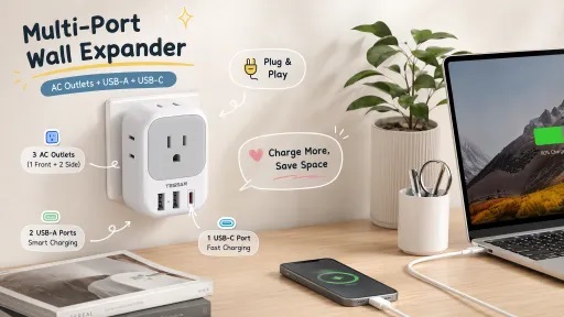 A white TESSAN Multi-Port Wall Expander plugged into a wall socket on a wooden desk, offering 3 AC outlets, 2 USB-A ports, and 1 USB-C port, charging a smartphone next to a laptop.