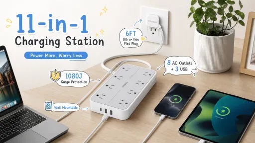 A TESSAN 11-in-1 Charging Station with 8 AC outlets, 3 USB ports, 1080J surge protection, and a 6ft ultra-thin flat plug cord, sitting on a desk power-charging a laptop, smartphone, and tablet.