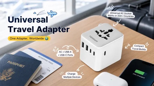 A TESSAN Universal Travel Adapter placed on a wooden table beside a passport and smartphone, showing universal AC socket and multiple USB ports designed for worldwide use in over 200 countries.