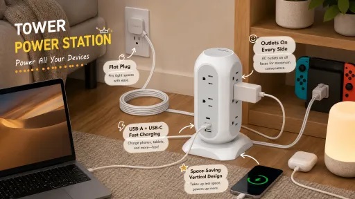 A TESSAN white Tower Power Station with multi-side AC outlets, USB-A and USB-C fast charging, and a flat plug cord, organized neatly on a wooden floor near a desk powering multiple devices.