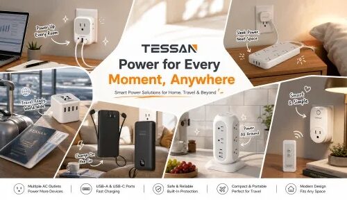 A collage highlighting TESSAN’s smart power solutions for home and travel, featuring multi-port wall extenders, power strips, travel adapters, vertical power towers, and portable power banks with the tagline "Power for Every Moment, Anywhere."