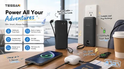 A TESSAN 10000mAh Portable Charger with built-in cables, foldable wall plug, and 20W PD fast charging capability, shown plugged into a wall outlet and charging a smartphone and wireless earbuds on a desk.
