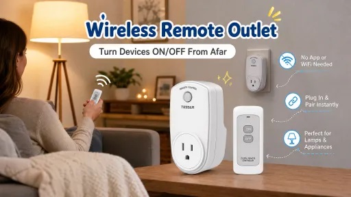 A woman relaxing on a couch using a remote control to operate a TESSAN Wireless Remote Control Outlet from up to 100 feet away, showing no app or Wi-Fi required for instant device control.