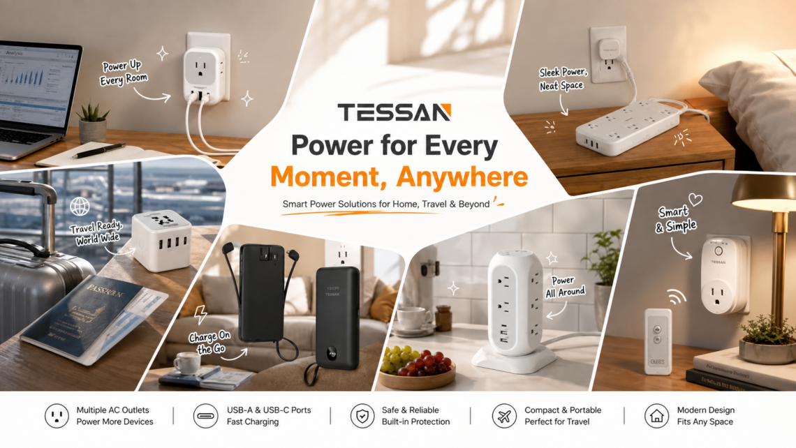 A collage highlighting TESSAN’s smart power solutions for home and travel, featuring multi-port wall extenders, power strips, travel adapters, vertical power towers, and portable power banks with the tagline "Power for Every Moment, Anywhere."