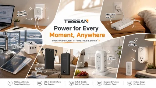 A collage highlighting TESSAN’s smart power solutions for home and travel, featuring multi-port wall extenders, power strips, travel adapters, vertical power towers, and portable power banks with the tagline "Power for Every Moment, Anywhere."