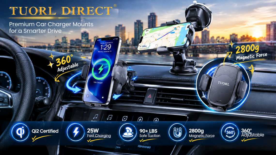 A promotional image showcasing the full features of the TUORL Car Wireless Charger Mount within a car interior at city dusk. The image displays multiple mounting options: a phone on the left on an air vent mount with Qi2 certified 25W fast charging (screen showing charging); a phone in the upper right on a suction mount (on the dashboard) displaying a map for navigation; and a close-up on the right of the MagSafe magnetic head and air vent clip. The top left features the "TUORL DIRECT" logo with text below: "Premium Car Charger Mounts for a Smarter Drive." Top center text reads: "3-in-1 Car Phone Mount & Never Block View," with "360° Adjustable" on the left. Five blue icons with green checkmarks at the bottom highlight features: Qi2 Certified, 25W Fast Charging, 90+ LBS Safe Suction, 2800g Magnetic Force, and 360° Adjustable. The close-up on the right is labeled "2800g Magnetic Force."