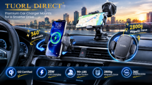 A promotional image showcasing the full features of the TUORL Car Wireless Charger Mount within a car interior at city dusk. The image displays multiple mounting options: a phone on the left on an air vent mount with Qi2 certified 25W fast charging (screen showing charging); a phone in the upper right on a suction mount (on the dashboard) displaying a map for navigation; and a close-up on the right of the MagSafe magnetic head and air vent clip. The top left features the "TUORL DIRECT" logo with text below: "Premium Car Charger Mounts for a Smarter Drive." Top center text reads: "3-in-1 Car Phone Mount & Never Block View," with "360° Adjustable" on the left. Five blue icons with green checkmarks at the bottom highlight features: Qi2 Certified, 25W Fast Charging, 90+ LBS Safe Suction, 2800g Magnetic Force, and 360° Adjustable. The close-up on the right is labeled "2800g Magnetic Force."