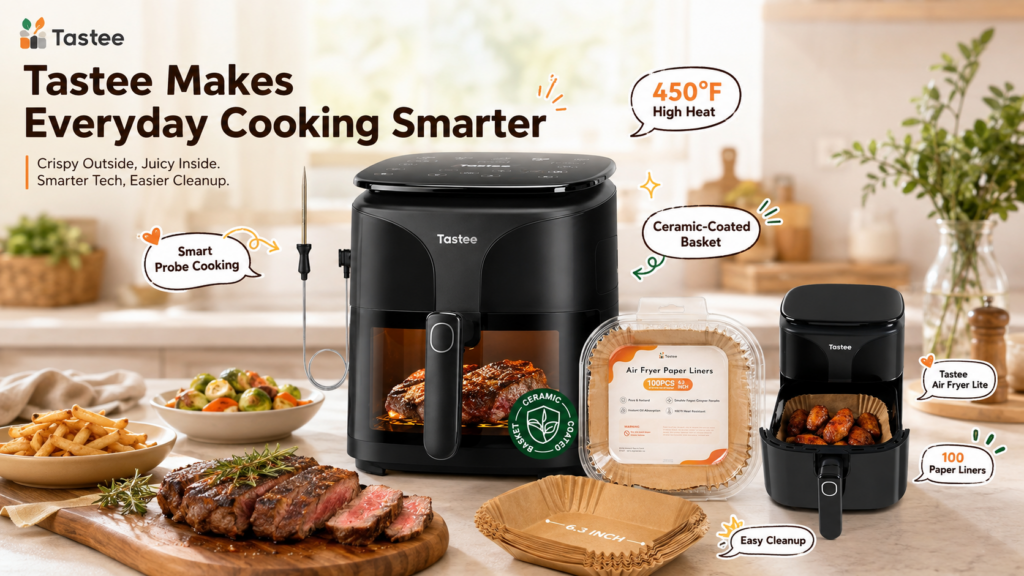 Tastee kitchen promo featuring a black smart air fryer, Air Fryer Lite, paper liners, temperature probe, steak, fries and vegetables, with callouts for 450°F high heat, ceramic-coated basket, smart probe cooking and easy cleanup.