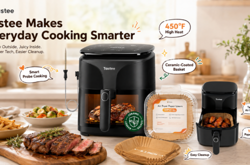 Tastee kitchen promo featuring a black smart air fryer, Air Fryer Lite, paper liners, temperature probe, steak, fries and vegetables, with callouts for 450°F high heat, ceramic-coated basket, smart probe cooking and easy cleanup.