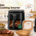 Tastee kitchen promo featuring a black smart air fryer, Air Fryer Lite, paper liners, temperature probe, steak, fries and vegetables, with callouts for 450°F high heat, ceramic-coated basket, smart probe cooking and easy cleanup.