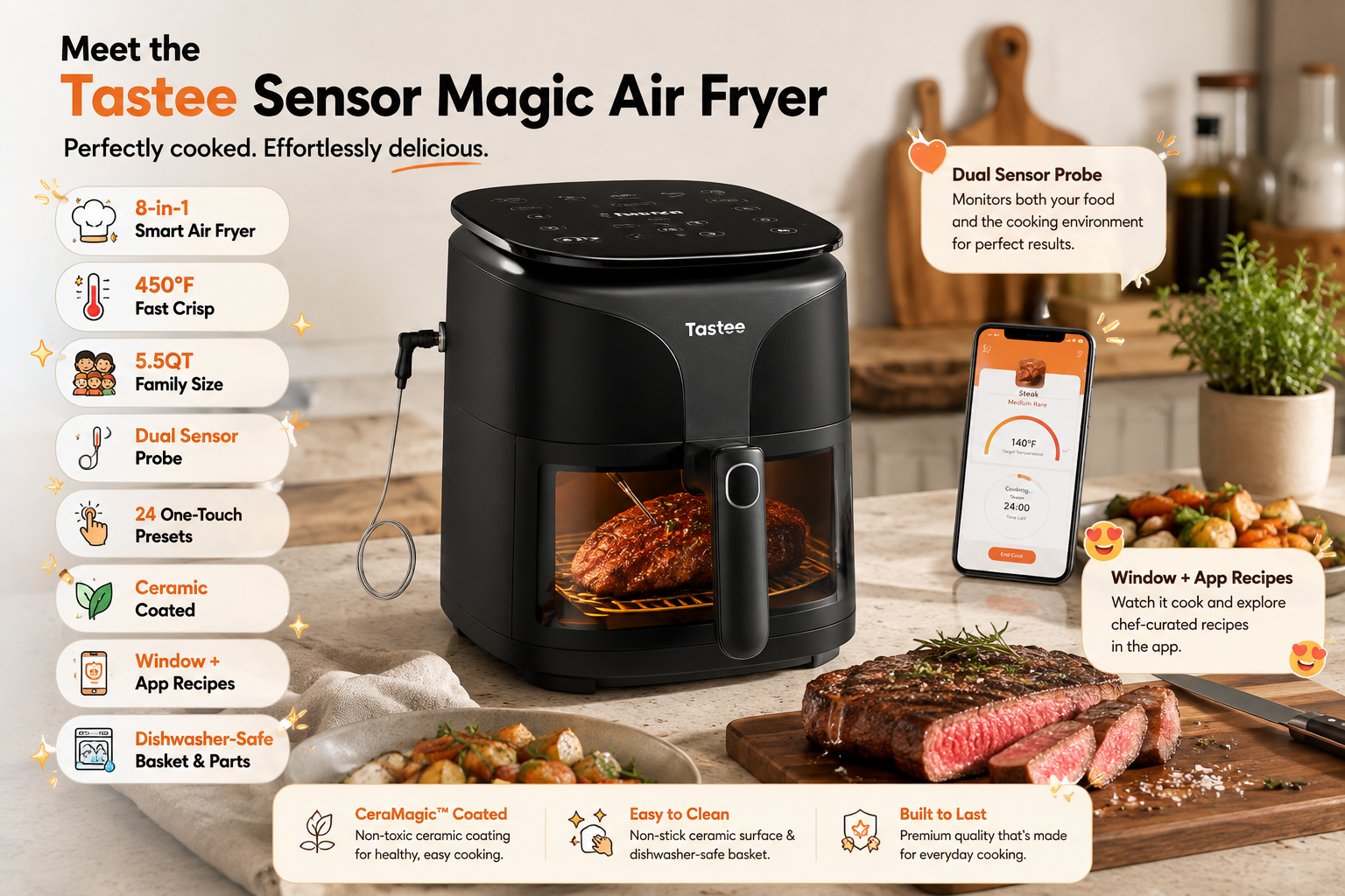 Tastee Sensor Magic Air Fryer in a modern kitchen with smart probe, app display and sliced steak. Graphic callouts highlight 8-in-1 cooking, 450°F heat, 5.5QT capacity, 24 presets, ceramic coating and dishwasher-safe parts.