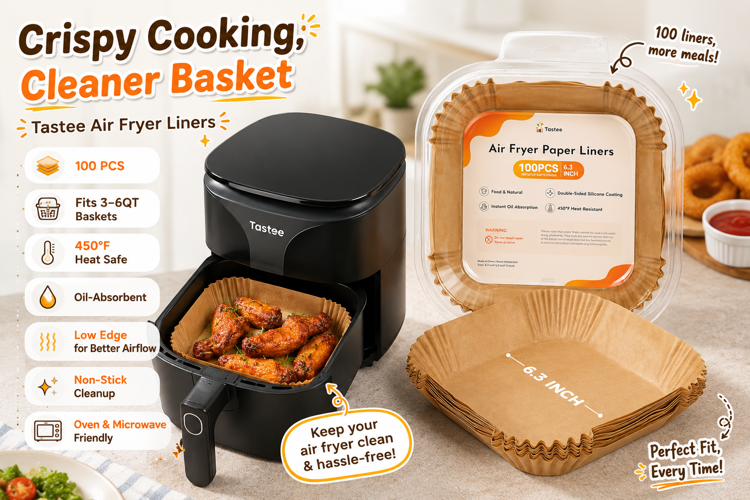 Tastee Air Fryer Paper Liners promo showing a black air fryer with crispy chicken wings on a brown liner, a 100-piece liner package and stacked 6.3-inch liners. Callouts note 450°F heat resistance, oil absorption and easier cleanup.