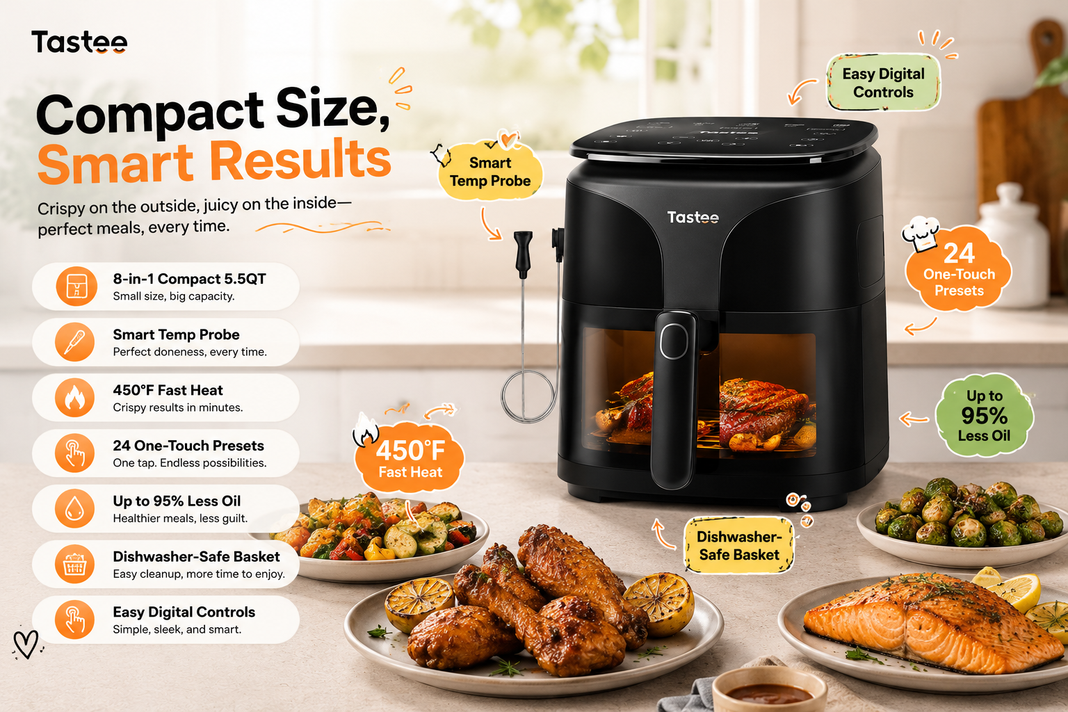 Tastee compact black air fryer displayed with chicken, salmon and roasted vegetables in a bright kitchen. Feature labels highlight a 5.5QT 8-in-1 design, smart temperature probe, 450°F fast heat, 24 presets and dishwasher-safe basket.