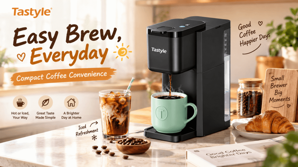 Main product image of the Tastyle Compact Single Serve Coffee Maker brewing iced coffee into a glass with ice and milk. Text overlays highlight features: "Easy Everyday Brew," compatible with "Grounds + Pods," and brews "Hot or Iced" coffee.