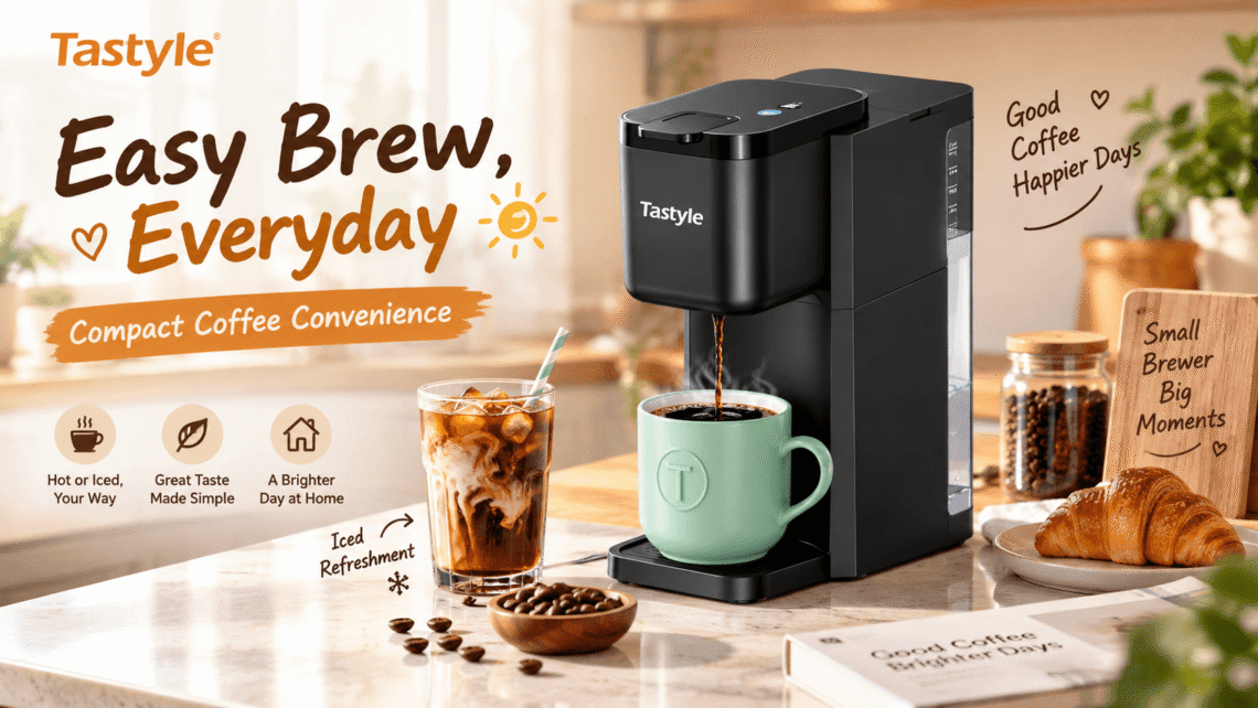 Main product image of the Tastyle Compact Single Serve Coffee Maker brewing iced coffee into a glass with ice and milk. Text overlays highlight features: "Easy Everyday Brew," compatible with "Grounds + Pods," and brews "Hot or Iced" coffee.