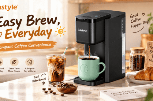 Main product image of the Tastyle Compact Single Serve Coffee Maker brewing iced coffee into a glass with ice and milk. Text overlays highlight features: "Easy Everyday Brew," compatible with "Grounds + Pods," and brews "Hot or Iced" coffee.
