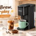 Main product image of the Tastyle Compact Single Serve Coffee Maker brewing iced coffee into a glass with ice and milk. Text overlays highlight features: "Easy Everyday Brew," compatible with "Grounds + Pods," and brews "Hot or Iced" coffee.