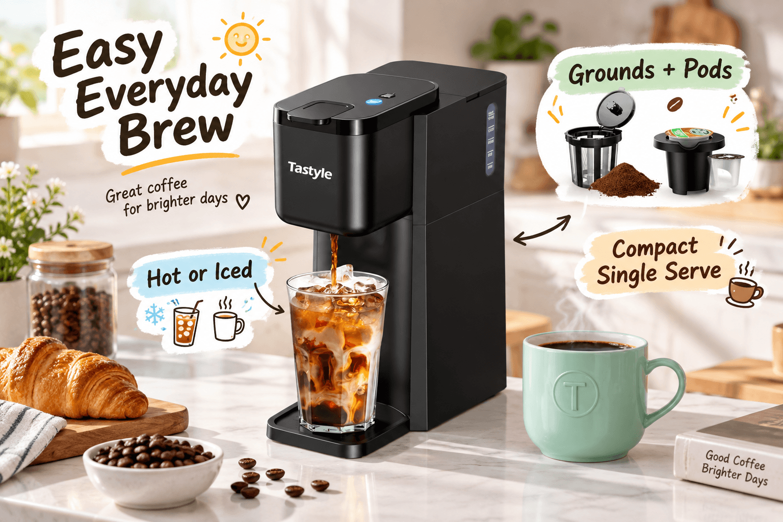 Lifestyle image of the Tastyle coffee maker brewing a hot cup, with an iced coffee nearby. It highlights the brewing accessories (pods and reusable filter) with text "Fresh Coffee, Your Way," "One-Touch Ease," and "Compact Single Serve."