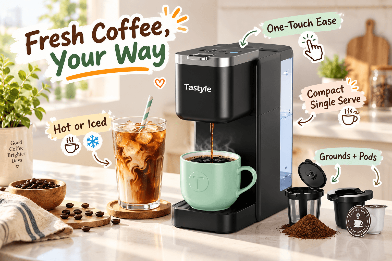 The Tastyle portable coffee maker with a carry handle, situated in an outdoor camping scene on a wooden table, with a tent and mountains in the background. It highlights portability with text "Brew Anywhere," "Compact & Travel-Ready," and "Grounds + Pods."