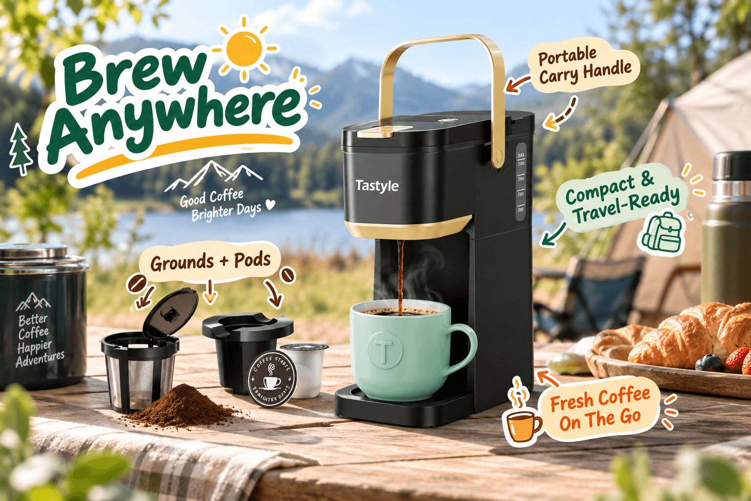 A lifestyle image of the Tastyle compact coffee maker on a kitchen counter, focusing on its space-saving compact design. Text overlays "Big Flavor, Small Footprint" and "Counter-Friendly Design" emphasize this point, while also showing both hot and iced coffee being brewed.