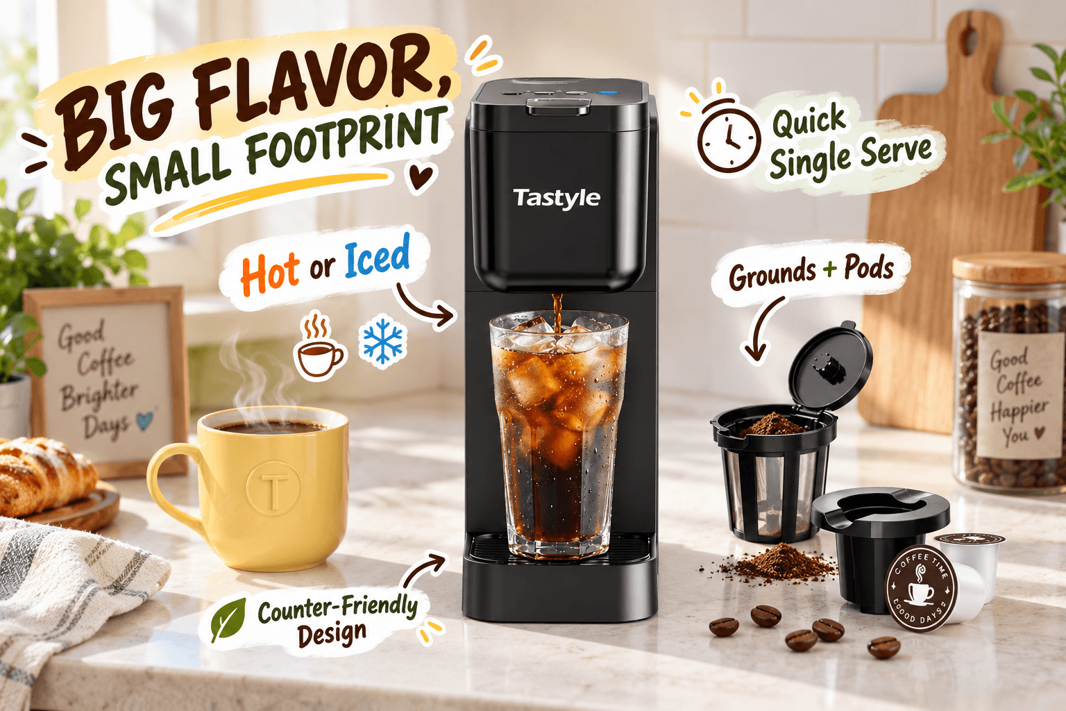 The Tastyle coffee maker model with a built-in milk frother, brewing both hot and iced coffee as well as lattes/cappuccinos. Text highlights its versatility with "Coffeehouse Drinks at Home" and "Built-In Milk Frother," showing different finished beverages.
