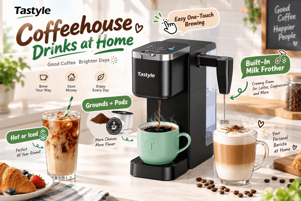 Product image of the Tastyle Coffee Maker Cleaner next to the brewing coffee maker. Text "A Cleaner Machine, A Better-Tasting Cup." and icons for descaling, cleaning, deodorizing, and protecting demonstrate the cleaner's benefits for maintaining machine performance.