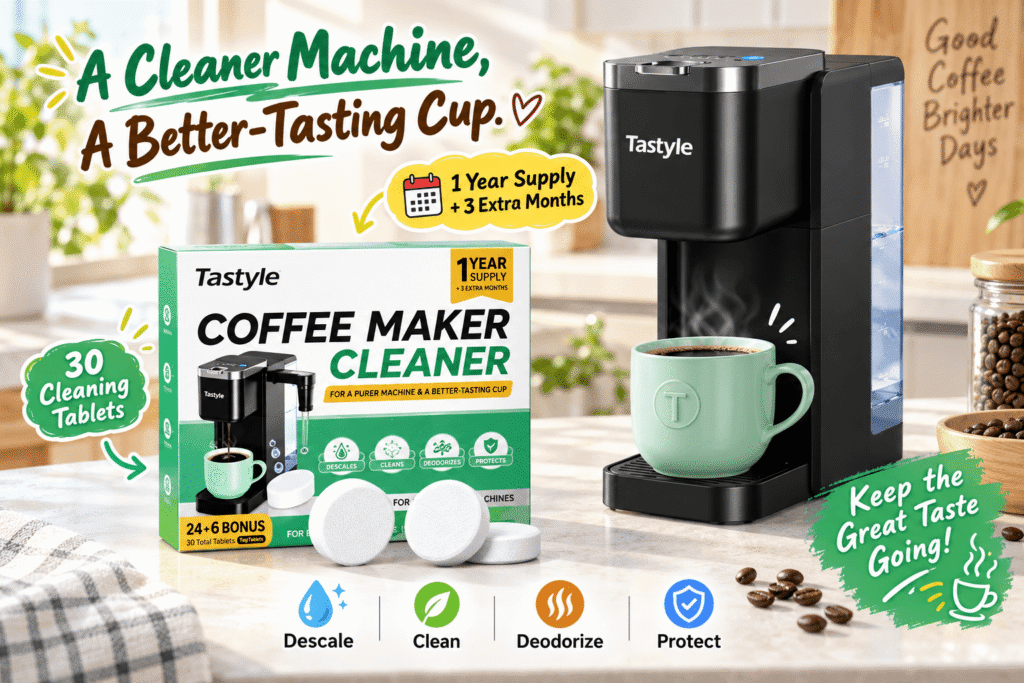 Lifestyle image of the black Tastyle Compact Single Serve Coffee Maker on a kitchen counter. It is brewing hot coffee into a mug, with an iced coffee and croissant nearby. Text "Easy Brew, Everyday" and icons emphasize its ease of use, versatility (hot or iced), and daily convenience.