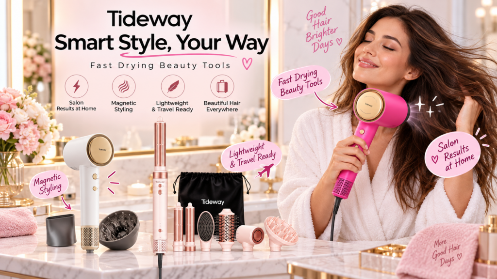 Promotional image for Tideway hair beauty tools. The left side displays a white and pink hair dryer, a multi-function air styler, and various magnetic nozzles and brush attachments on a marble countertop. On the right, a smiling woman in a white bathrobe uses the pink hair dryer, looking happy. The image includes the brand slogan 'Tideway Smart Style, Your Way' and key features like 'Salon Results at Home' and 'Magnetic Styling'.