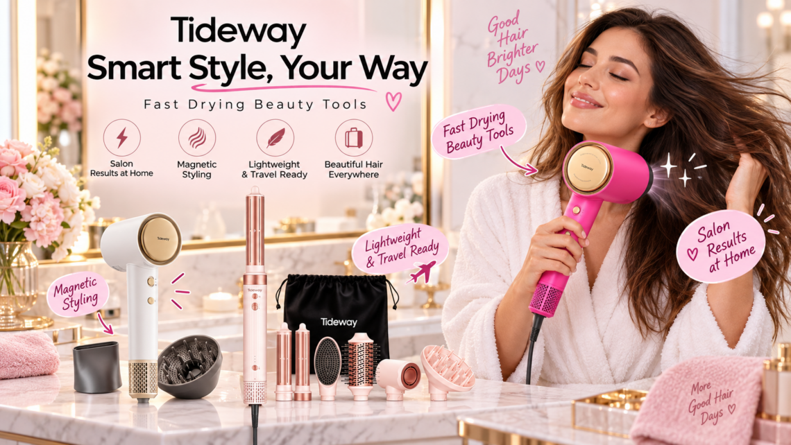 Promotional image for Tideway hair beauty tools. The left side displays a white and pink hair dryer, a multi-function air styler, and various magnetic nozzles and brush attachments on a marble countertop. On the right, a smiling woman in a white bathrobe uses the pink hair dryer, looking happy. The image includes the brand slogan 'Tideway Smart Style, Your Way' and key features like 'Salon Results at Home' and 'Magnetic Styling'.