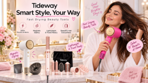Promotional image for Tideway hair beauty tools. The left side displays a white and pink hair dryer, a multi-function air styler, and various magnetic nozzles and brush attachments on a marble countertop. On the right, a smiling woman in a white bathrobe uses the pink hair dryer, looking happy. The image includes the brand slogan 'Tideway Smart Style, Your Way' and key features like 'Salon Results at Home' and 'Magnetic Styling'.