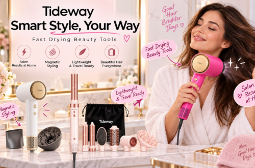 Promotional image for Tideway hair beauty tools. The left side displays a white and pink hair dryer, a multi-function air styler, and various magnetic nozzles and brush attachments on a marble countertop. On the right, a smiling woman in a white bathrobe uses the pink hair dryer, looking happy. The image includes the brand slogan 'Tideway Smart Style, Your Way' and key features like 'Salon Results at Home' and 'Magnetic Styling'.