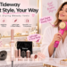 Promotional image for Tideway hair beauty tools. The left side displays a white and pink hair dryer, a multi-function air styler, and various magnetic nozzles and brush attachments on a marble countertop. On the right, a smiling woman in a white bathrobe uses the pink hair dryer, looking happy. The image includes the brand slogan 'Tideway Smart Style, Your Way' and key features like 'Salon Results at Home' and 'Magnetic Styling'.