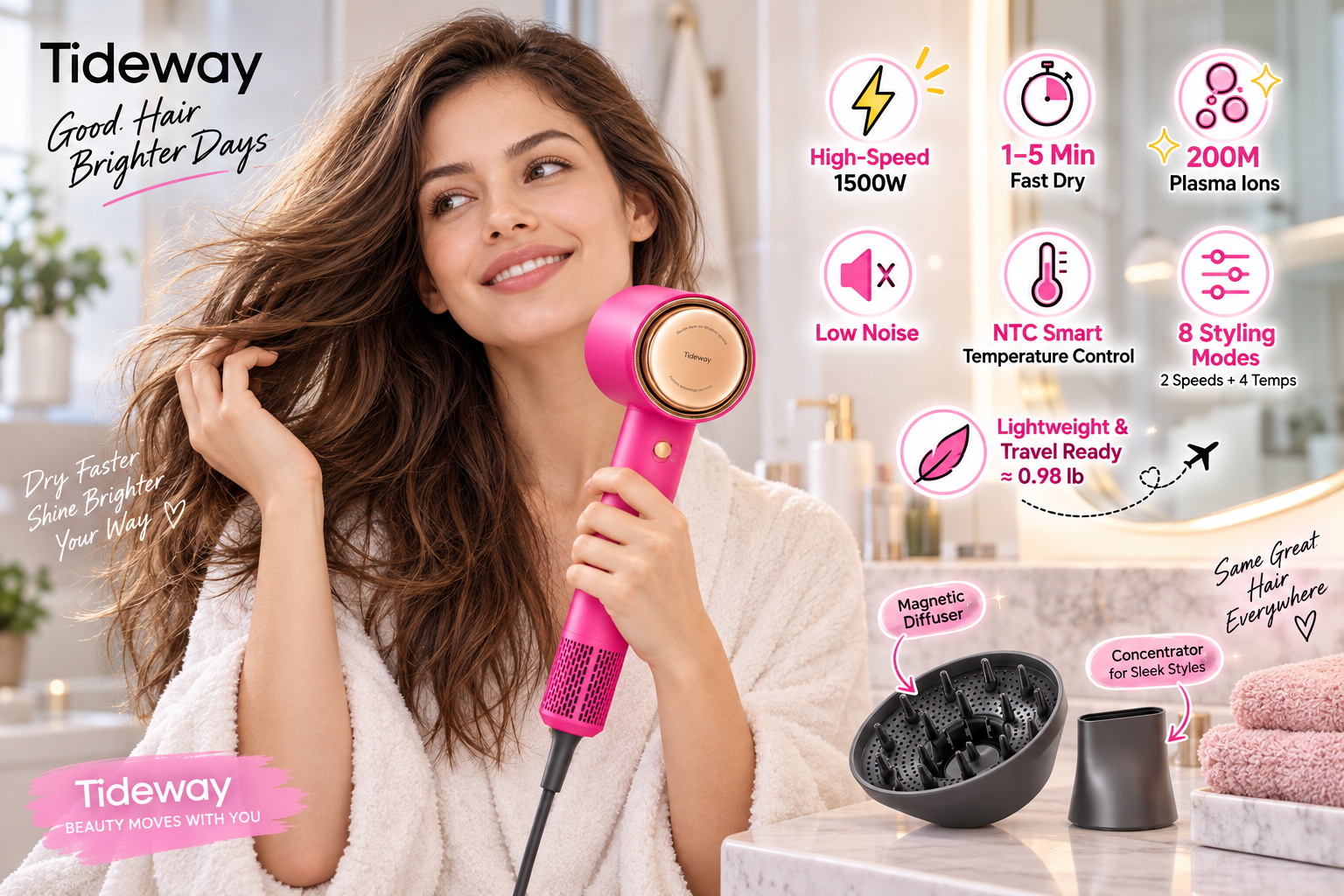Promotional image for the pink Tideway high-speed hair dryer. A woman in a white bathrobe holds the pink dryer, with her eyes closed in enjoyment. The right side lists key features like 'High-Speed 1500W', '1-5 Min Fast Dry', '200M Plasma Ions', and 'Lightweight & Travel Ready ≈ 0.98 lb'. A magnetic diffuser and concentrator nozzle are on the marble countertop. Slogan at the bottom reads 'Tideway BEAUTY MOVES WITH YOU'.
