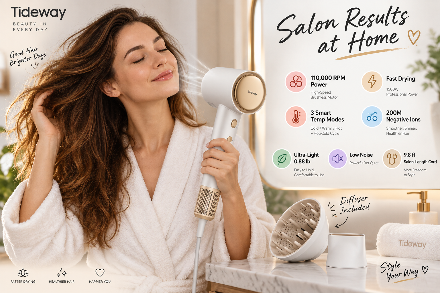 Promotional image for the white Tideway high-speed hair dryer. A woman in a white bathrobe with closed eyes, her hair flying in the air from the dryer's wind, with a look of enjoyment. The right side lists key features such as '110,000 RPM Power', 'Fast Drying', '200M Negative Ions', 'Ultra-Light 0.88 lb', and 'Low Noise'. A large text titles 'Salon Results at Home'. A white diffuser nozzle is on the marble countertop.