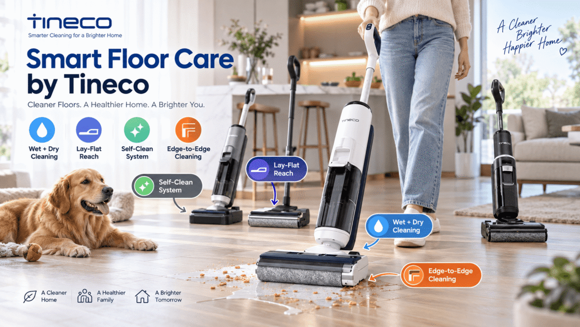 Tineco smart floor cleaners displayed in a bright modern home, featuring wet and dry cleaning, lay-flat reach, self-cleaning, and edge-to-edge cleaning with colorful feature callouts.