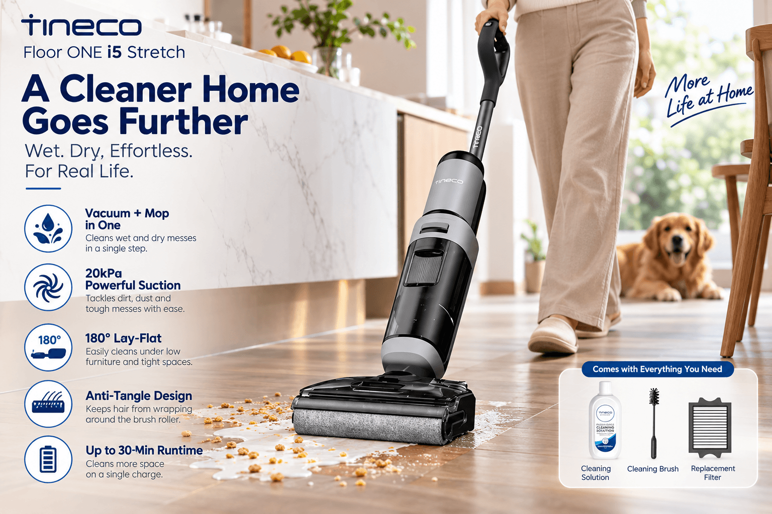 Tineco Floor ONE i5 Stretch cleaning wet and dry messes in a modern kitchen, with feature callouts for 20kPa suction, 180° lay-flat reach, anti-tangle design, and up to 30-minute runtime.