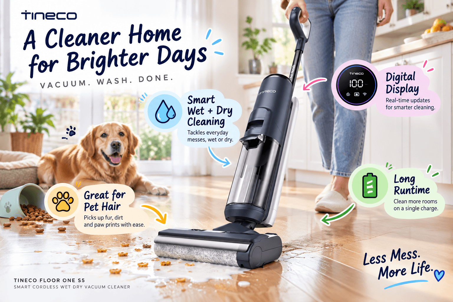 Tineco Floor ONE S5 smart wet-dry vacuum cleaning spills and pet messes on a wooden floor, featuring a digital display, long runtime, smart cleaning, and pet-hair-friendly performance.